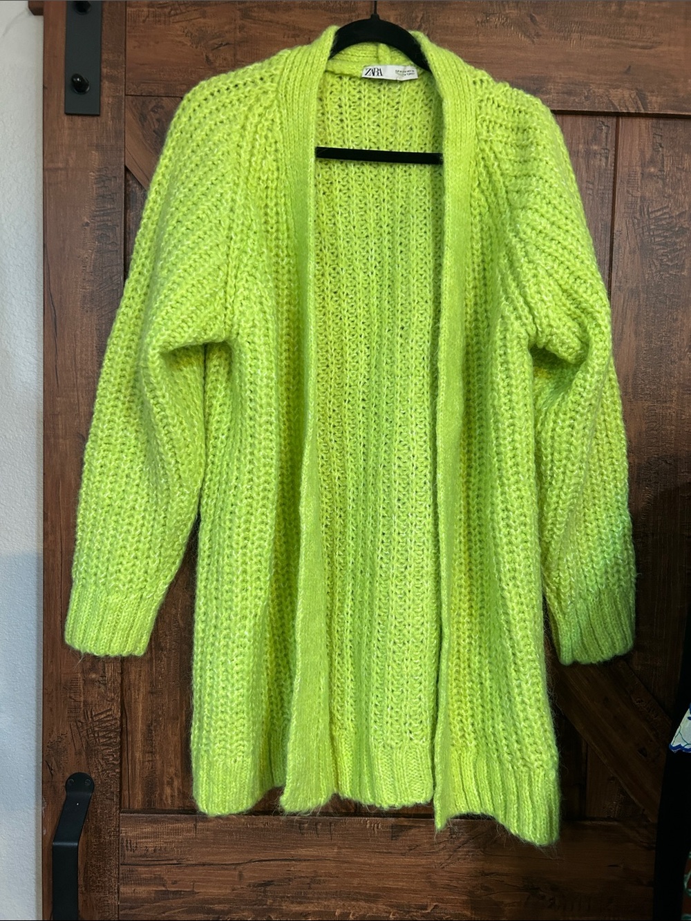 ZARA Neon Lime Open-Front Chunky Knit Cardigan